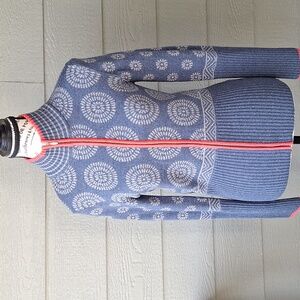 Krimson Klover Wool Zip Front Blue Medallion Print Sweater Coral Contrast Size S